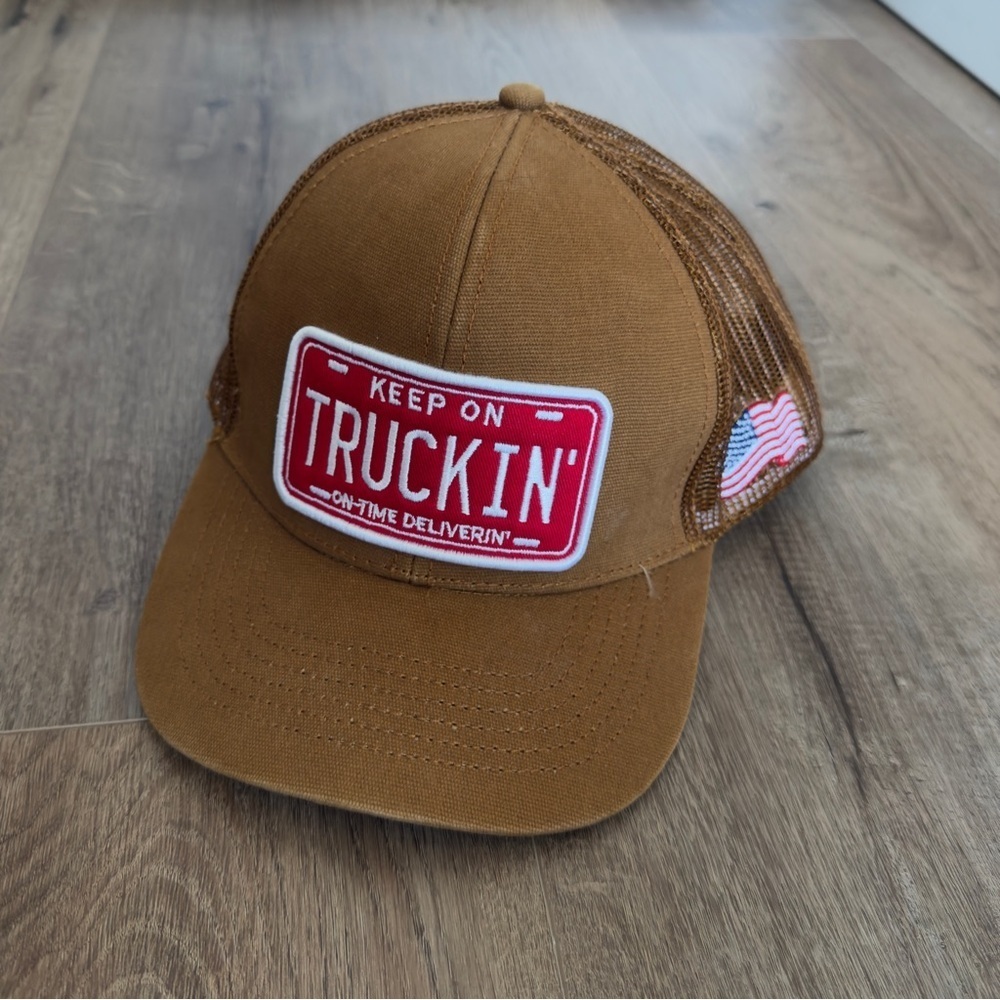 Keep On Truckin Brown Trucker Hat Red Patch Mesh Back American Flag Patch